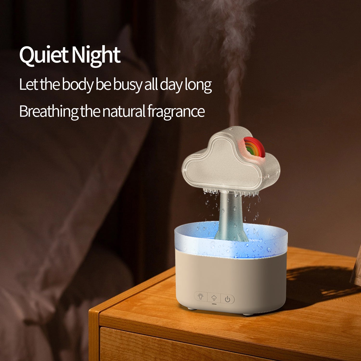 Rain Cloud Humidifier Pro - soft blue night light on desk